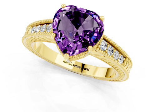 Yellow gold Heart Cut Amethyst Engagement Ring with Milgrain Channel Set Band and Prong Setting_1