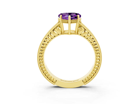 Yellow gold Heart Cut Amethyst Engagement Ring with Milgrain Channel Set Band and Prong Setting_3
