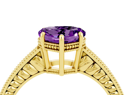 Yellow gold Heart Cut Amethyst Engagement Ring with Milgrain Channel Set Band and Prong Setting_4