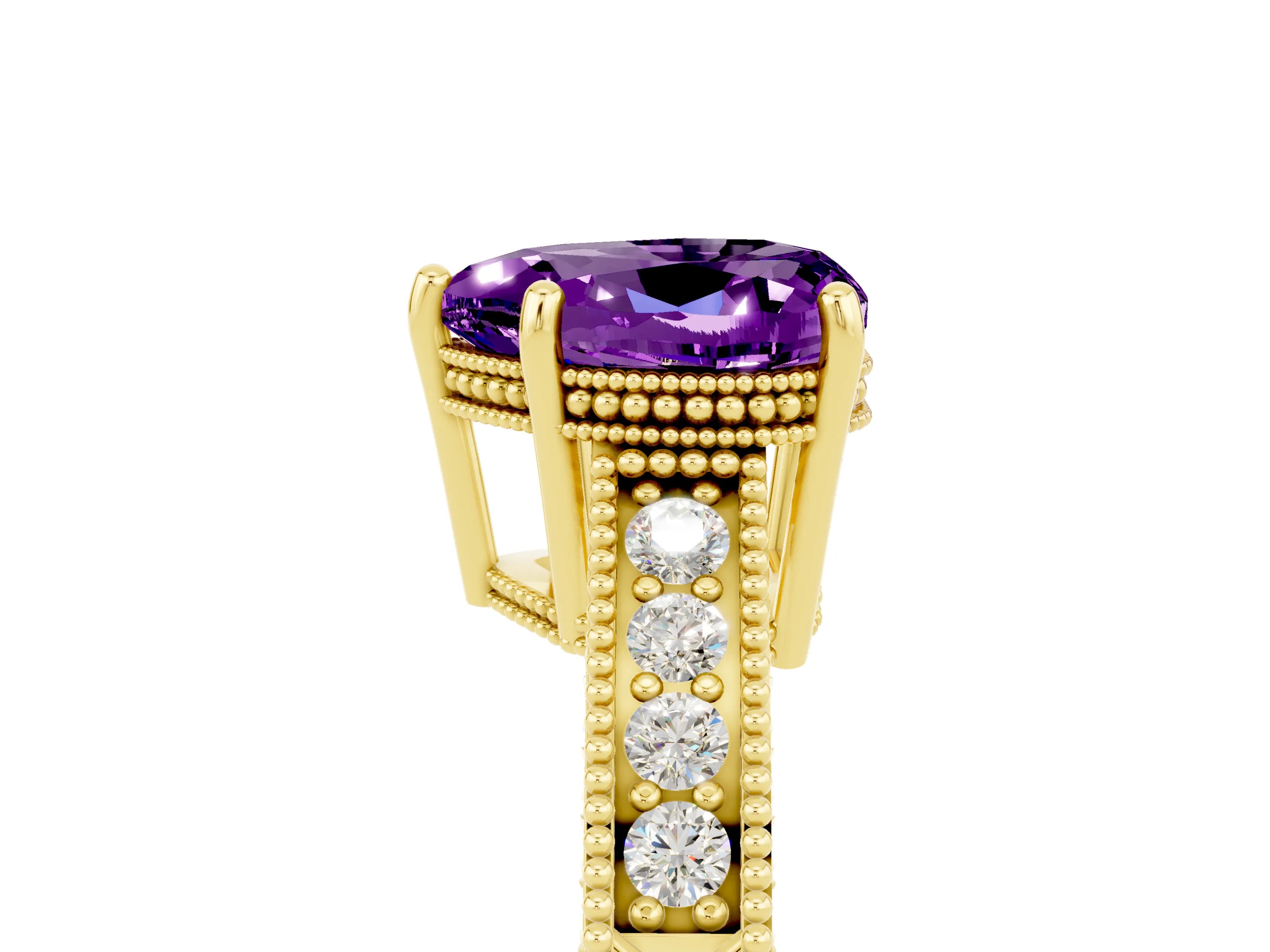 Yellow gold Heart Cut Amethyst Engagement Ring with Milgrain Channel Set Band and Prong Setting_5