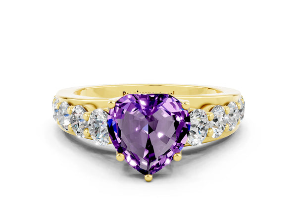 Yellow gold Heart Cut Amethyst Engagement Ring with Pavé Band and Four-Prong Setting