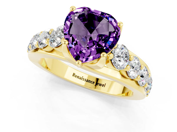 Yellow gold Heart Cut Amethyst Engagement Ring with Pavé Band and Four-Prong Setting