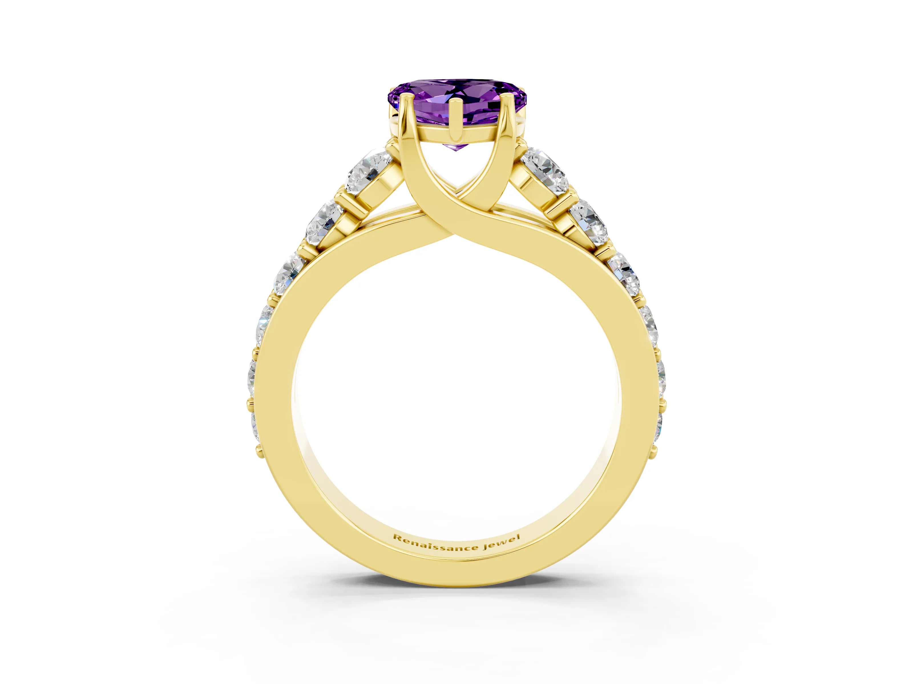 Yellow gold Heart Cut Amethyst Engagement Ring with Pavé Band and Four-Prong Setting_3