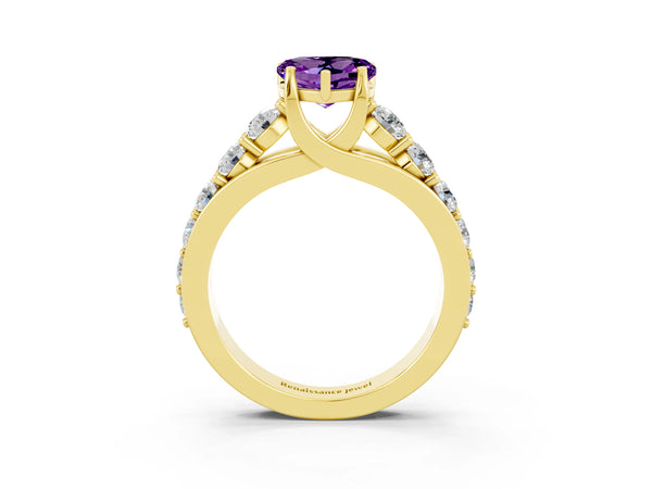 Yellow gold Heart Cut Amethyst Engagement Ring with Pavé Band and Four-Prong Setting