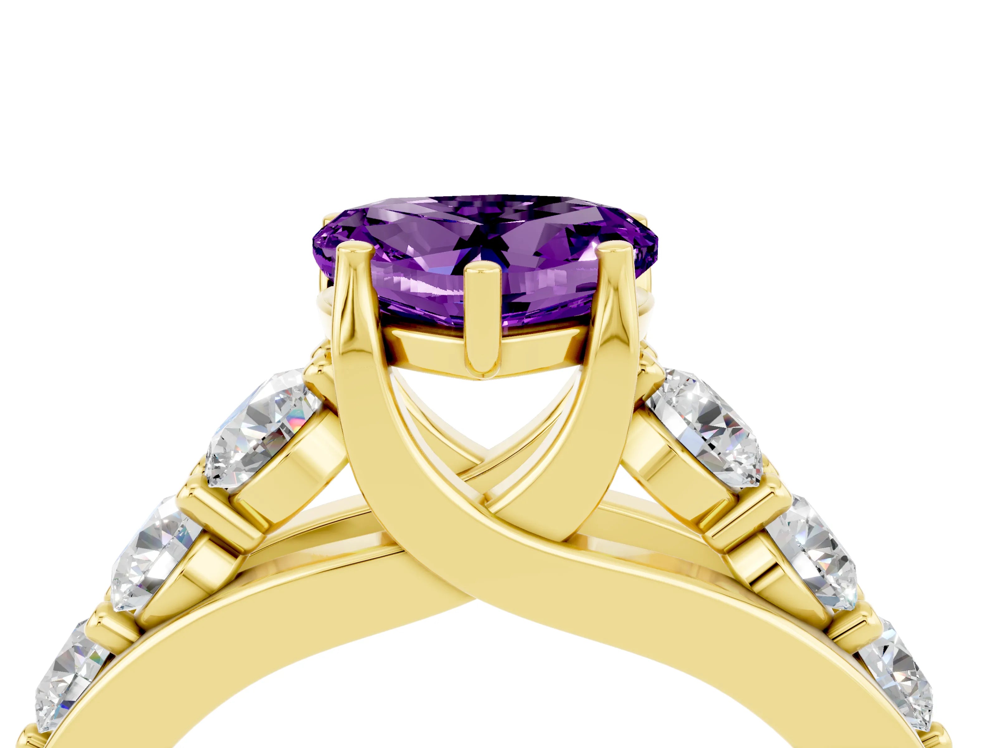 Yellow gold Heart Cut Amethyst Engagement Ring with Pavé Band and Four-Prong Setting_4