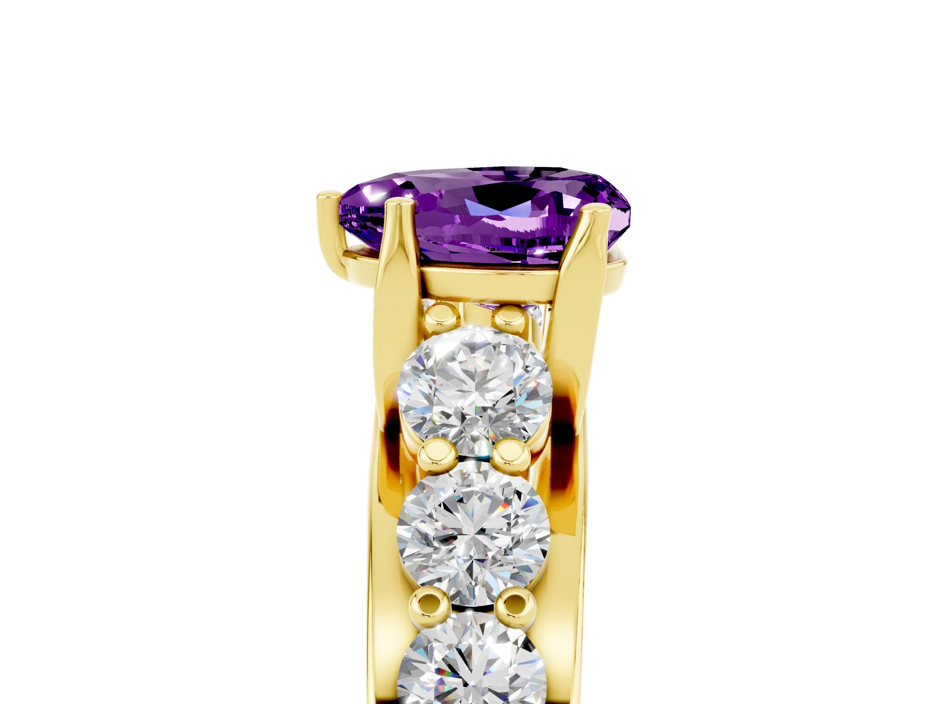 Yellow gold Heart Cut Amethyst Engagement Ring with Pavé Band and Four-Prong Setting_5