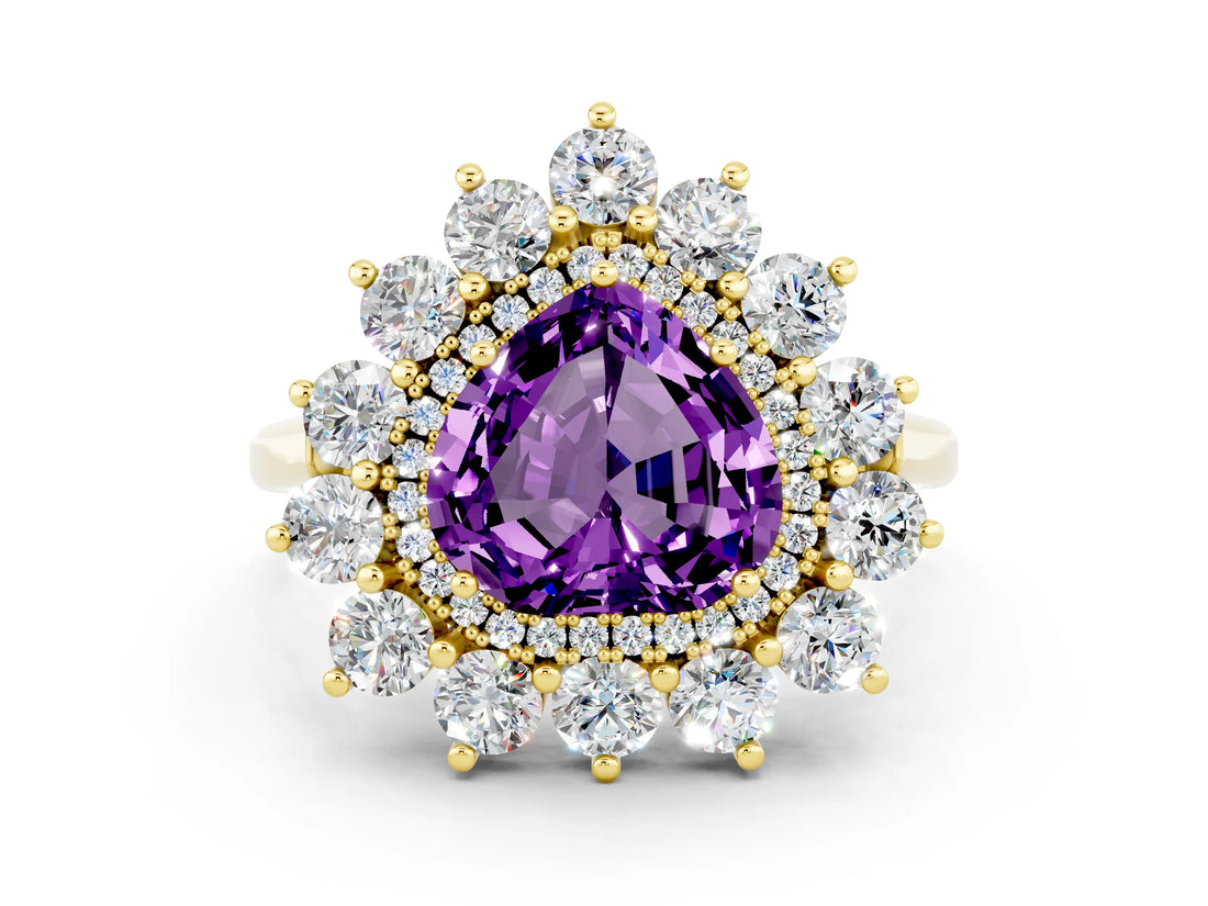 Yellow gold Heart Cut Amethyst Floral Double Halo Engagement Ring with Prong Setting_60