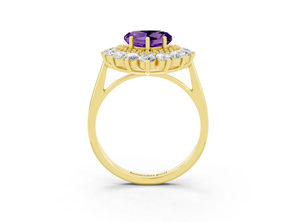 Yellow gold Heart Cut Amethyst Floral Double Halo Engagement Ring with Prong Setting