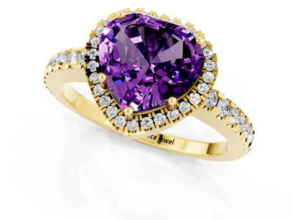 Yellow gold Heart Cut Amethyst Halo Engagement Ring with Pavé Band and Prong Setting