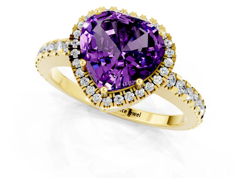 Yellow gold Heart Cut Amethyst Halo Engagement Ring with Pavé Band and Prong Setting_13