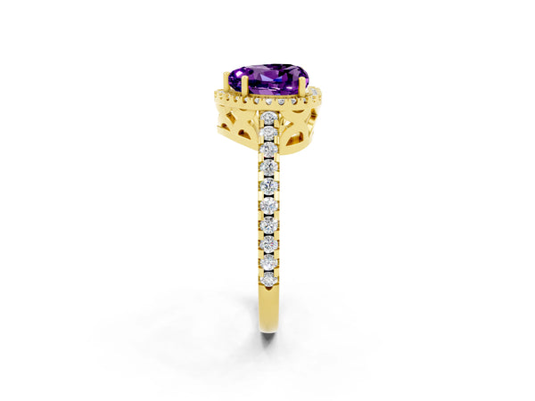 Yellow gold Heart Cut Amethyst Halo Engagement Ring with Pavé Band and Prong Setting