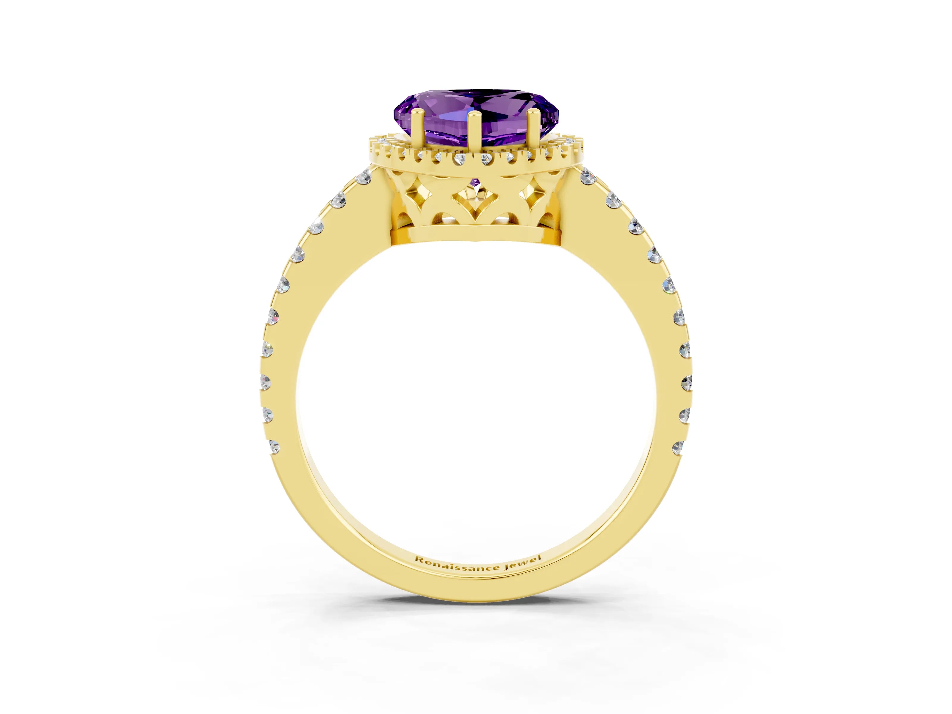 Yellow gold Heart Cut Amethyst Halo Engagement Ring with Pavé Band and Prong Setting_15