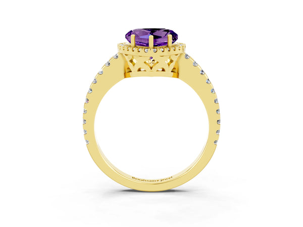 Yellow gold Heart Cut Amethyst Halo Engagement Ring with Pavé Band and Prong Setting