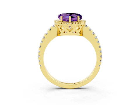 Yellow gold Heart Cut Amethyst Halo Engagement Ring with Pavé Band and Prong Setting_15