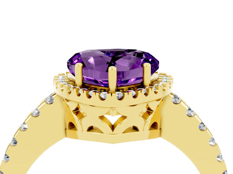 Yellow gold Heart Cut Amethyst Halo Engagement Ring with Pavé Band and Prong Setting_16