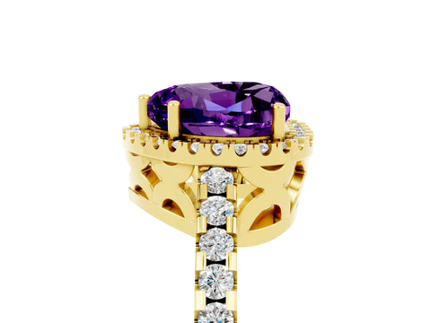 Yellow gold Heart Cut Amethyst Halo Engagement Ring with Pavé Band and Prong Setting_17