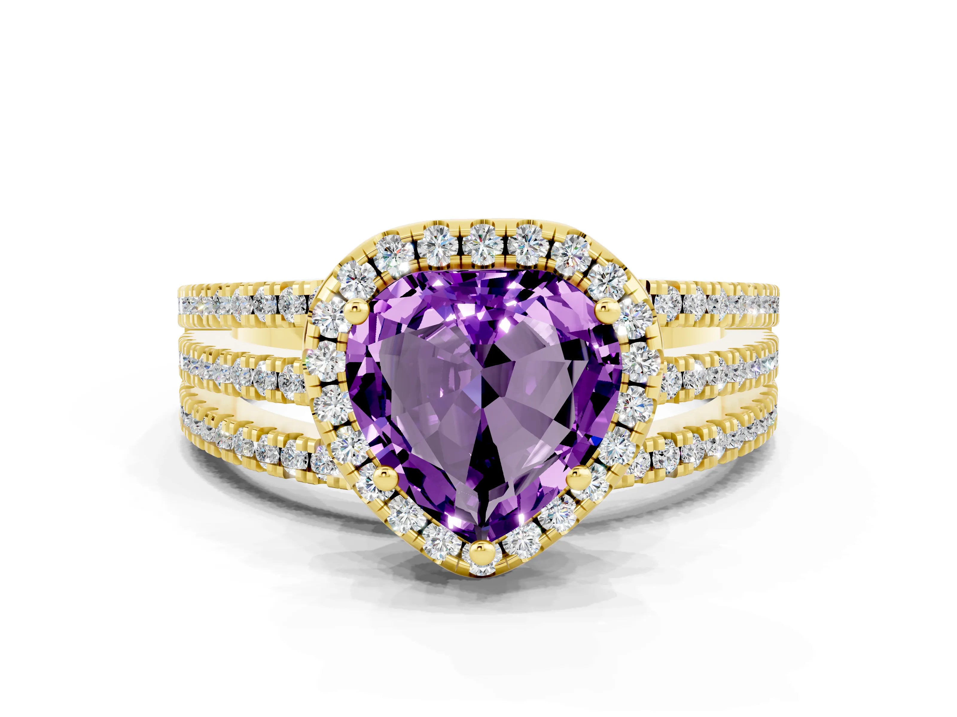 Yellow gold Heart Cut Amethyst Halo Engagement Ring with Split Shank and Four-Prong Setting