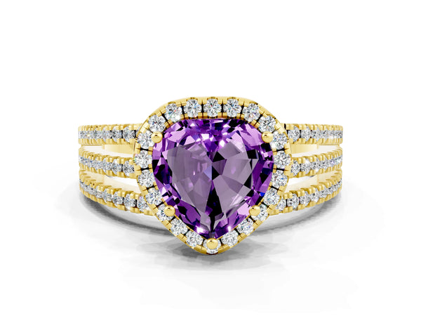 Yellow gold Heart Cut Amethyst Halo Engagement Ring with Split Shank and Four-Prong Setting