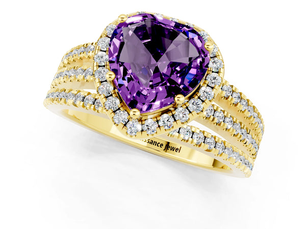 Yellow gold Heart Cut Amethyst Halo Engagement Ring with Split Shank and Four-Prong Setting