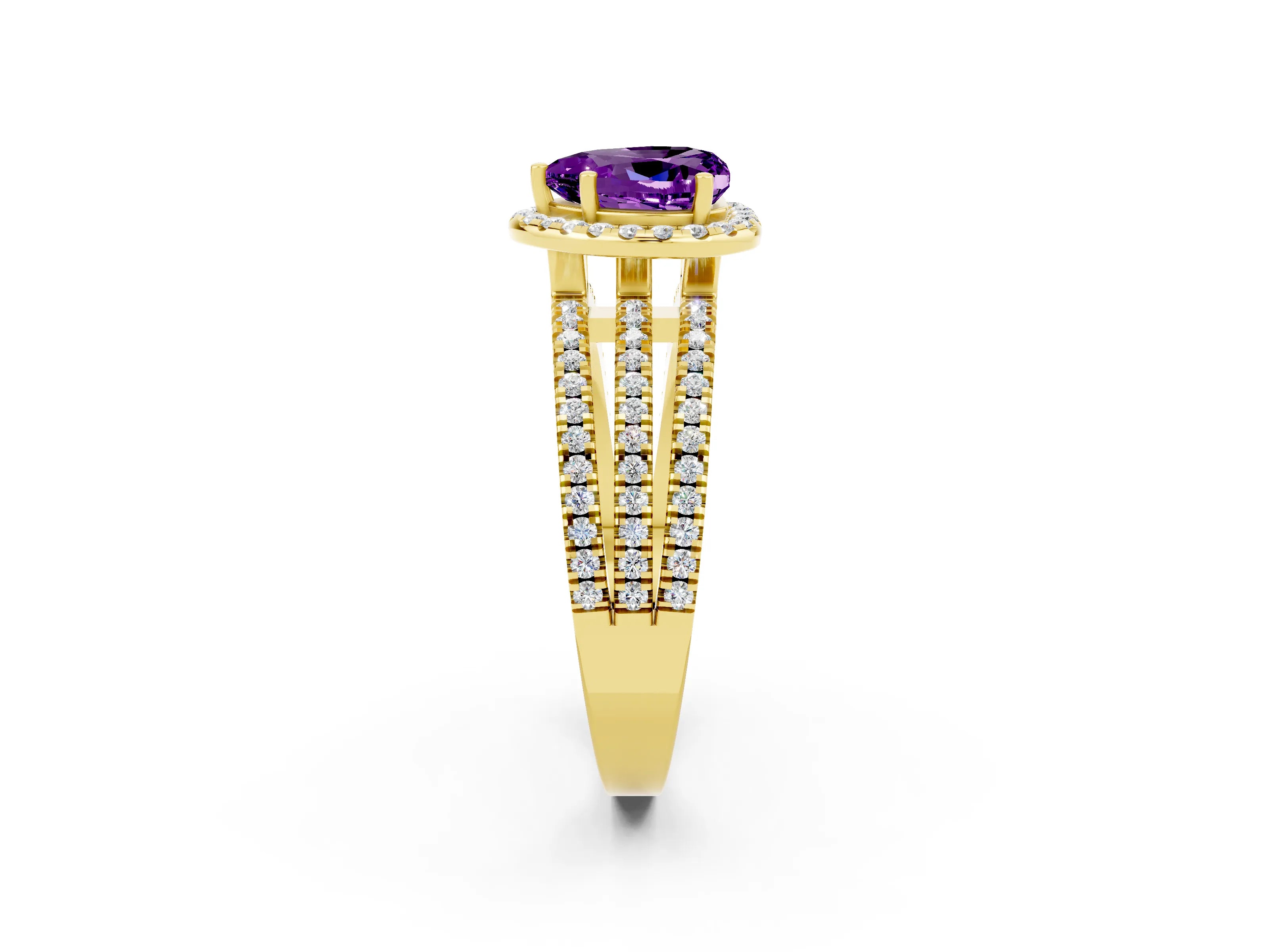 Yellow gold Heart Cut Amethyst Halo Engagement Ring with Split Shank and Four-Prong Setting_2