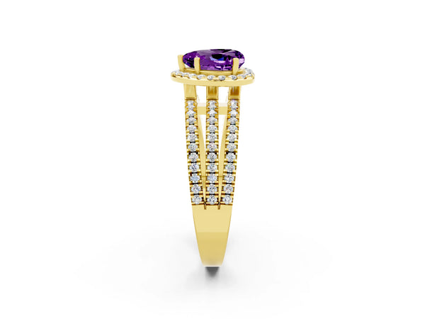 Yellow gold Heart Cut Amethyst Halo Engagement Ring with Split Shank and Four-Prong Setting