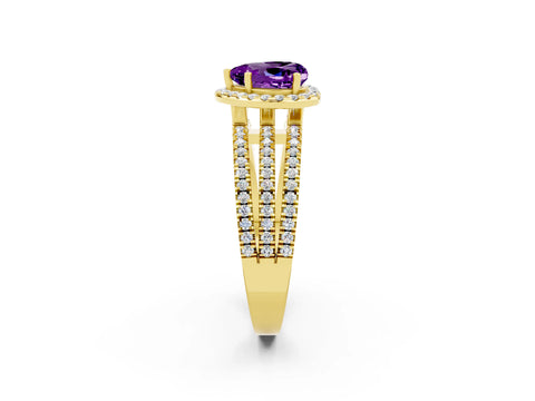 Yellow gold Heart Cut Amethyst Halo Engagement Ring with Split Shank and Four-Prong Setting_2