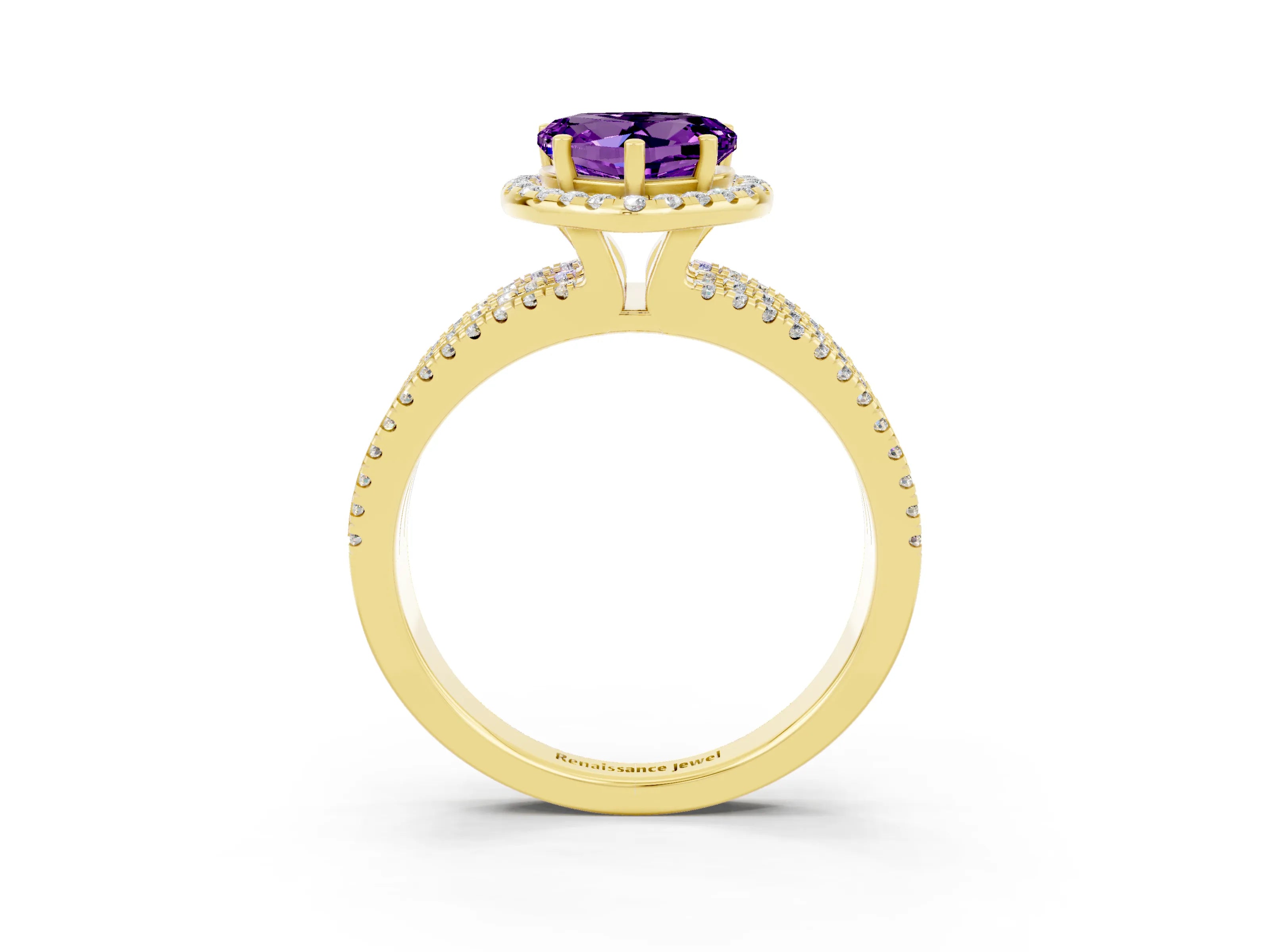 Yellow gold Heart Cut Amethyst Halo Engagement Ring with Split Shank and Four-Prong Setting_3