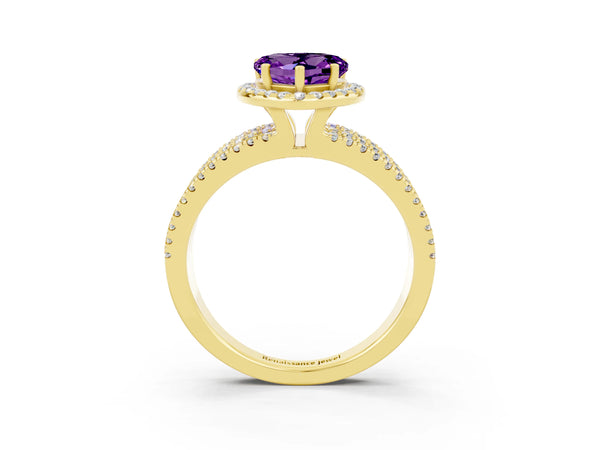 Yellow gold Heart Cut Amethyst Halo Engagement Ring with Split Shank and Four-Prong Setting