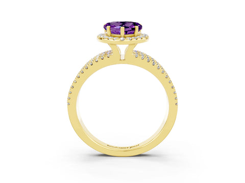 Yellow gold Heart Cut Amethyst Halo Engagement Ring with Split Shank and Four-Prong Setting_3