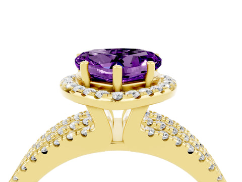 Yellow gold Heart Cut Amethyst Halo Engagement Ring with Split Shank and Four-Prong Setting_4