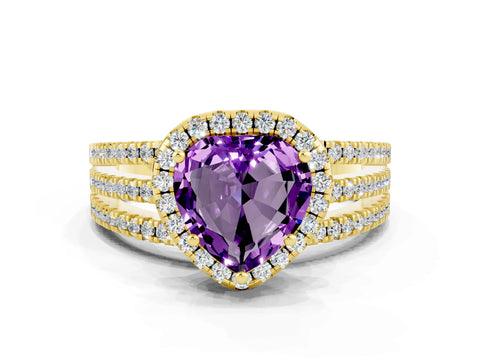 Yellow gold Heart Cut Amethyst Halo Engagement Ring with Split Shank and Four-Prong Setting