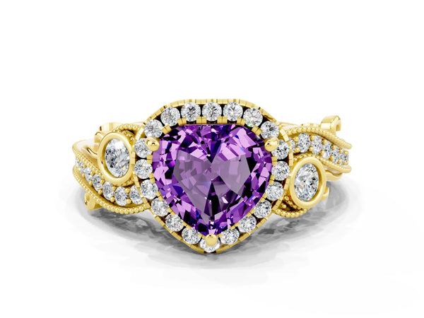 Yellow gold Heart Cut Amethyst Halo Ring with Milgrain Pavé Band and Four-Prong Setting