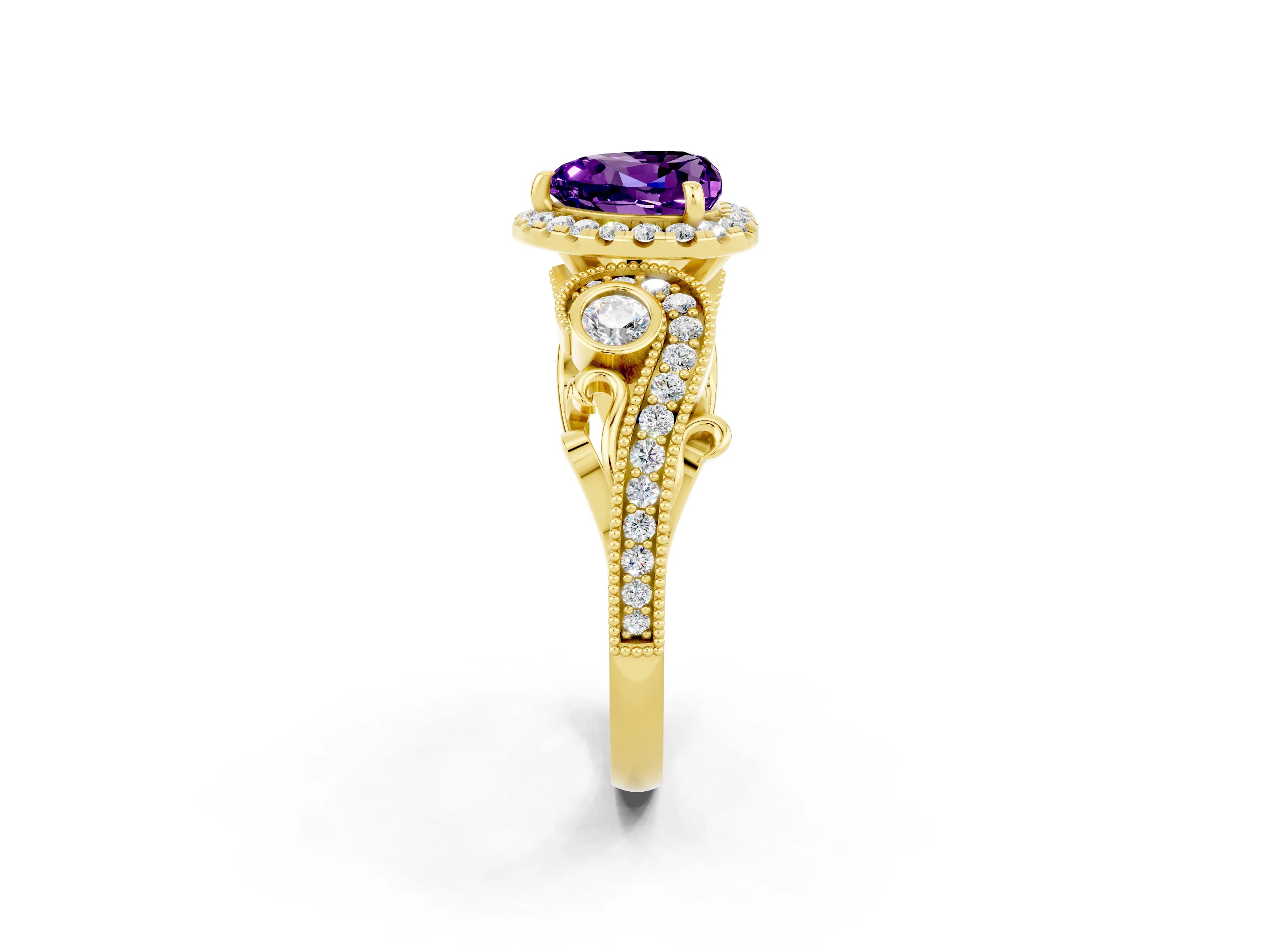 Yellow gold Heart Cut Amethyst Halo Ring with Milgrain Pavé Band and Four-Prong Setting_14