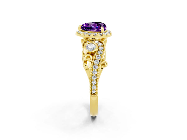 Yellow gold Heart Cut Amethyst Halo Ring with Milgrain Pavé Band and Four-Prong Setting