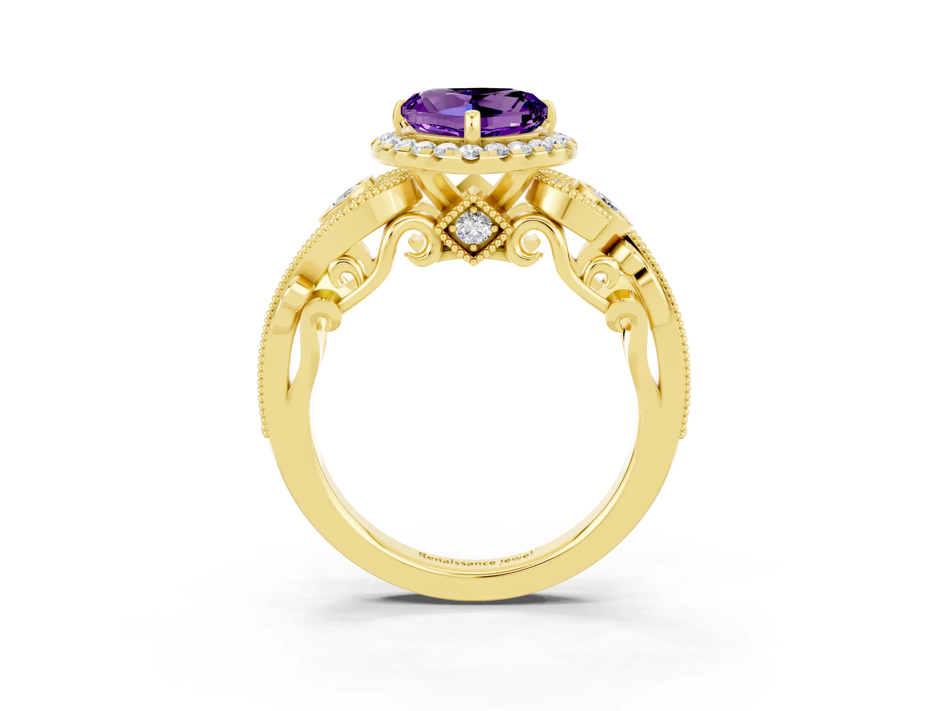 Yellow gold Heart Cut Amethyst Halo Ring with Milgrain Pavé Band and Four-Prong Setting_15