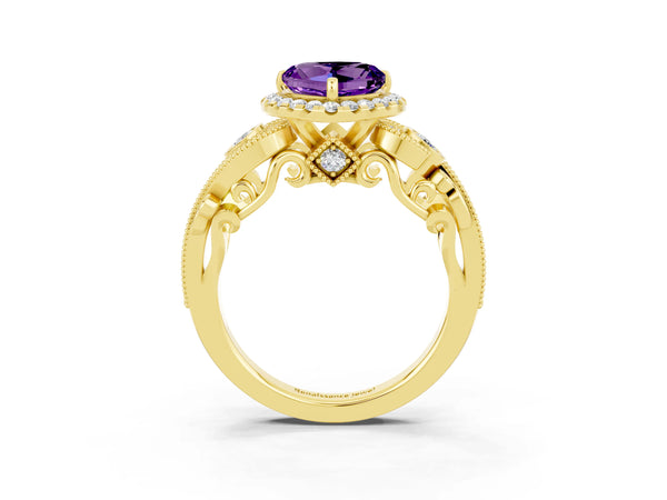 Yellow gold Heart Cut Amethyst Halo Ring with Milgrain Pavé Band and Four-Prong Setting