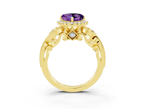 Yellow gold Heart Cut Amethyst Halo Ring with Milgrain Pavé Band and Four-Prong Setting_15