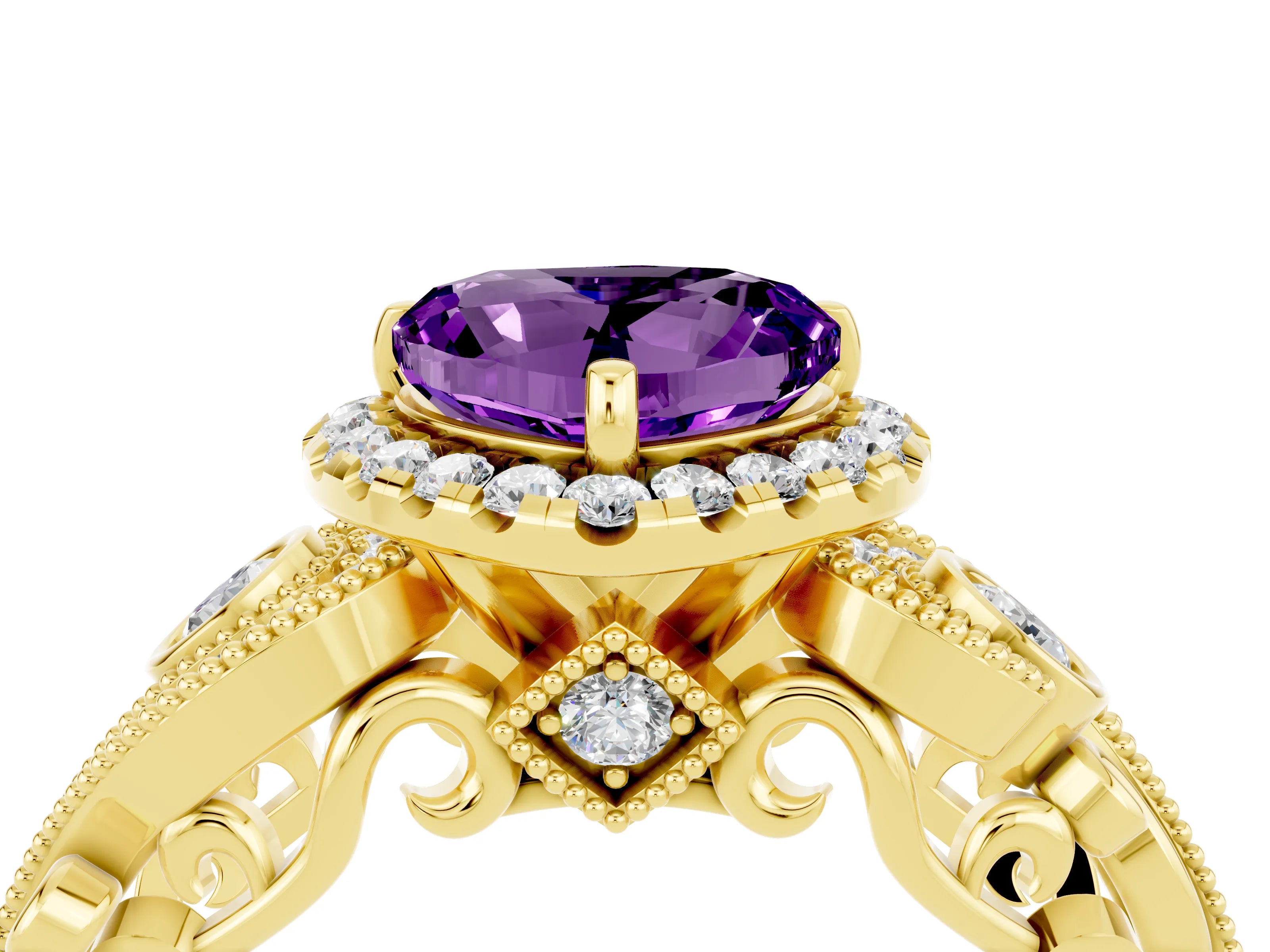 Yellow gold Heart Cut Amethyst Halo Ring with Milgrain Pavé Band and Four-Prong Setting_16