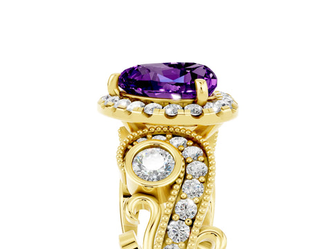 Yellow gold Heart Cut Amethyst Halo Ring with Milgrain Pavé Band and Four-Prong Setting_17