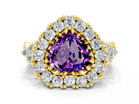 Yellow gold Heart Cut Amethyst Halo Ring with Pavé Band and Four-Prong Setting_12