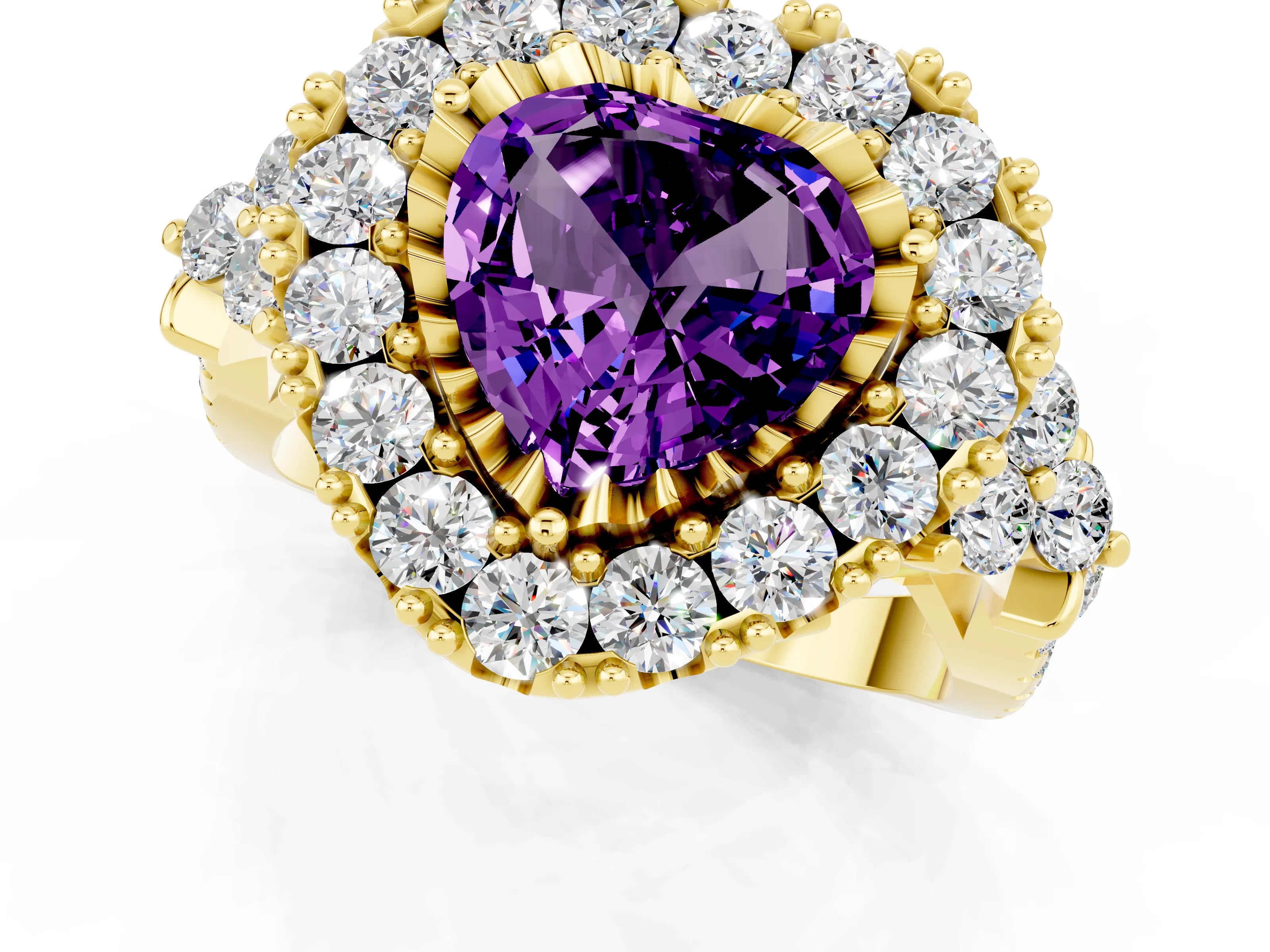 Yellow gold Heart Cut Amethyst Halo Ring with Pavé Band and Four-Prong Setting_13