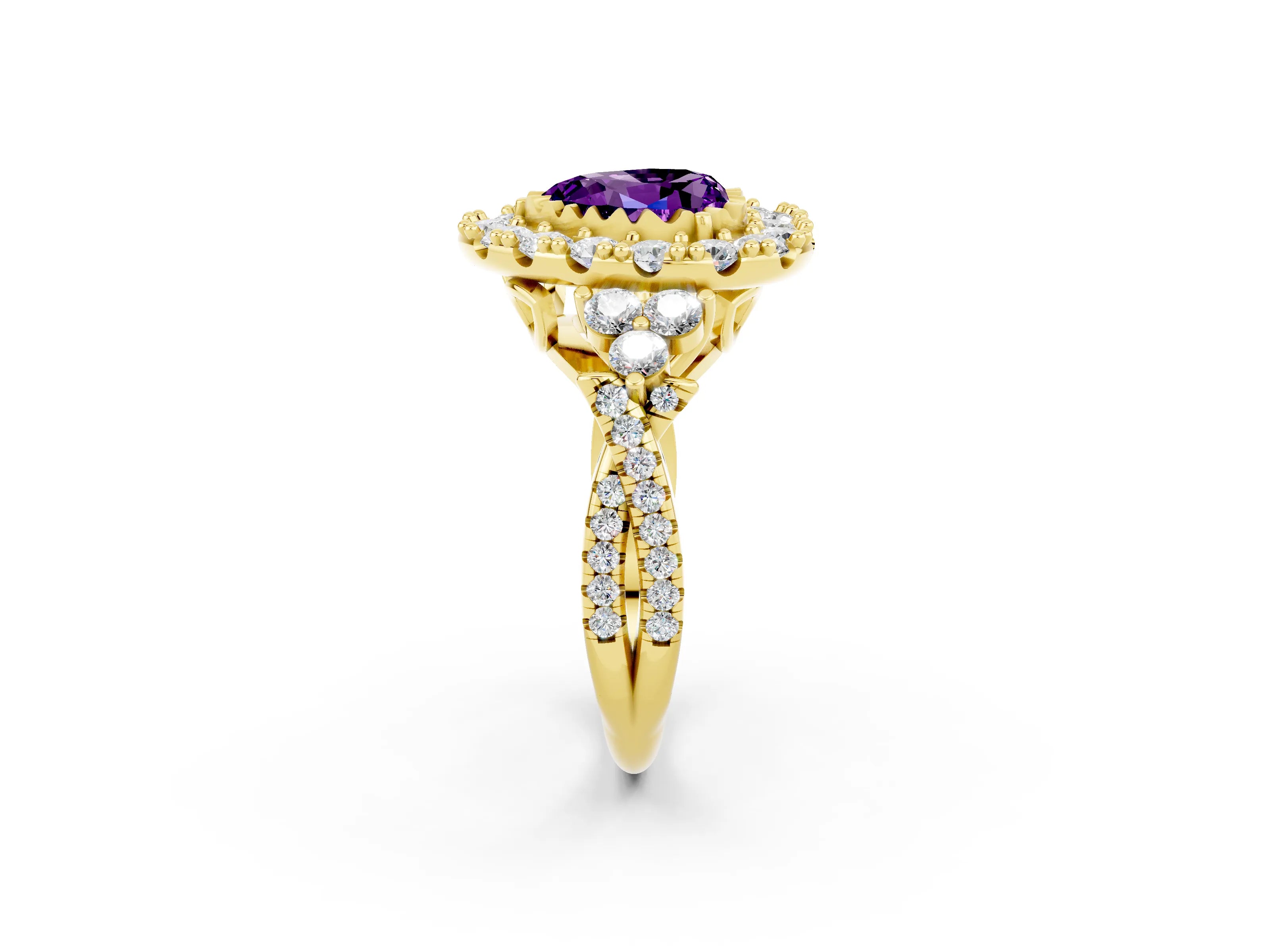 Yellow gold Heart Cut Amethyst Halo Ring with Pavé Band and Four-Prong Setting_14