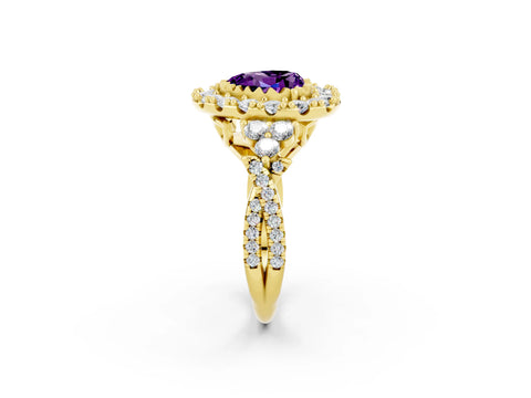 Yellow gold Heart Cut Amethyst Halo Ring with Pavé Band and Four-Prong Setting_14