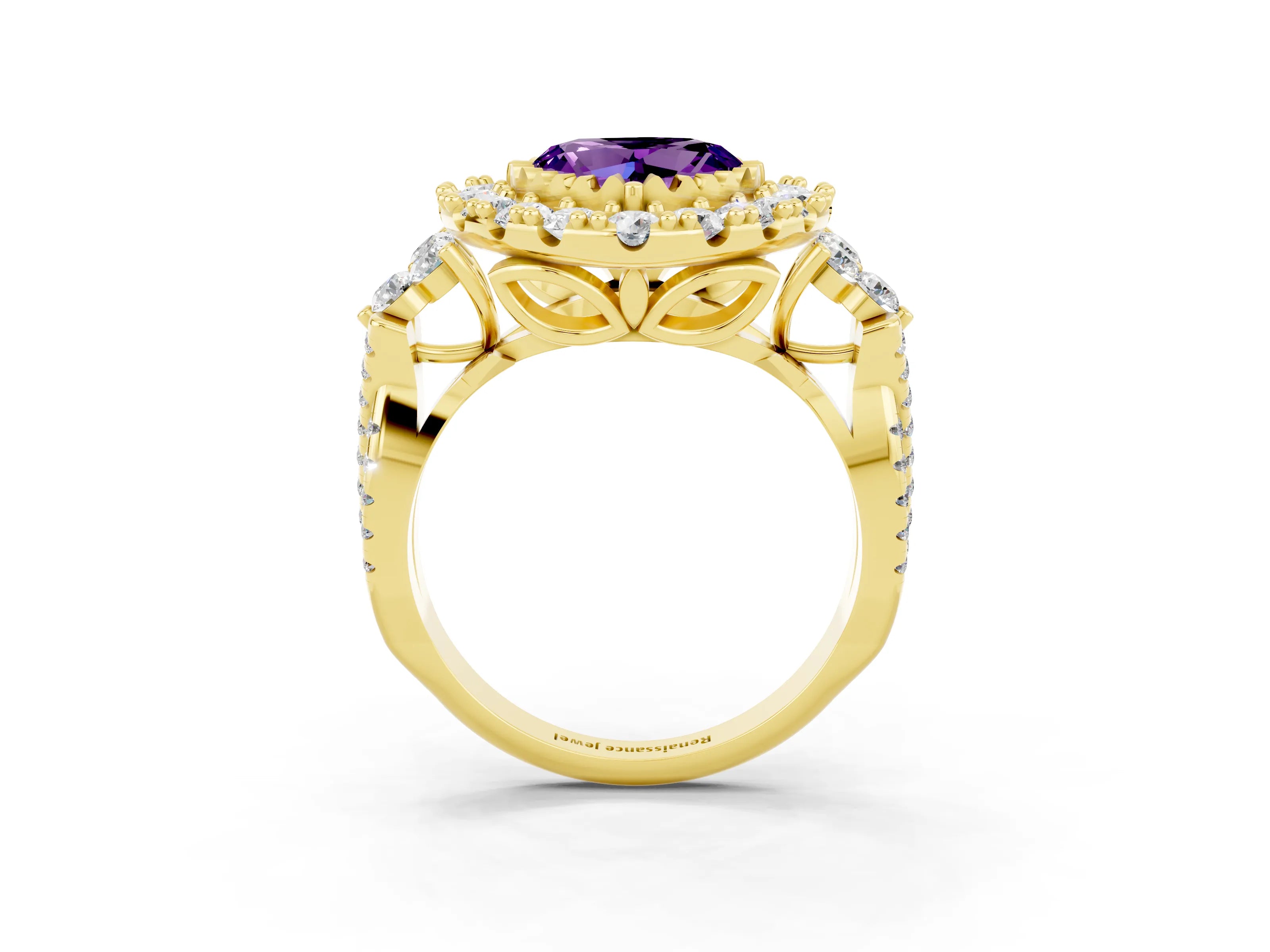 Yellow gold Heart Cut Amethyst Halo Ring with Pavé Band and Four-Prong Setting_15
