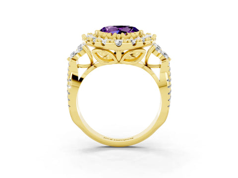 Yellow gold Heart Cut Amethyst Halo Ring with Pavé Band and Four-Prong Setting_15
