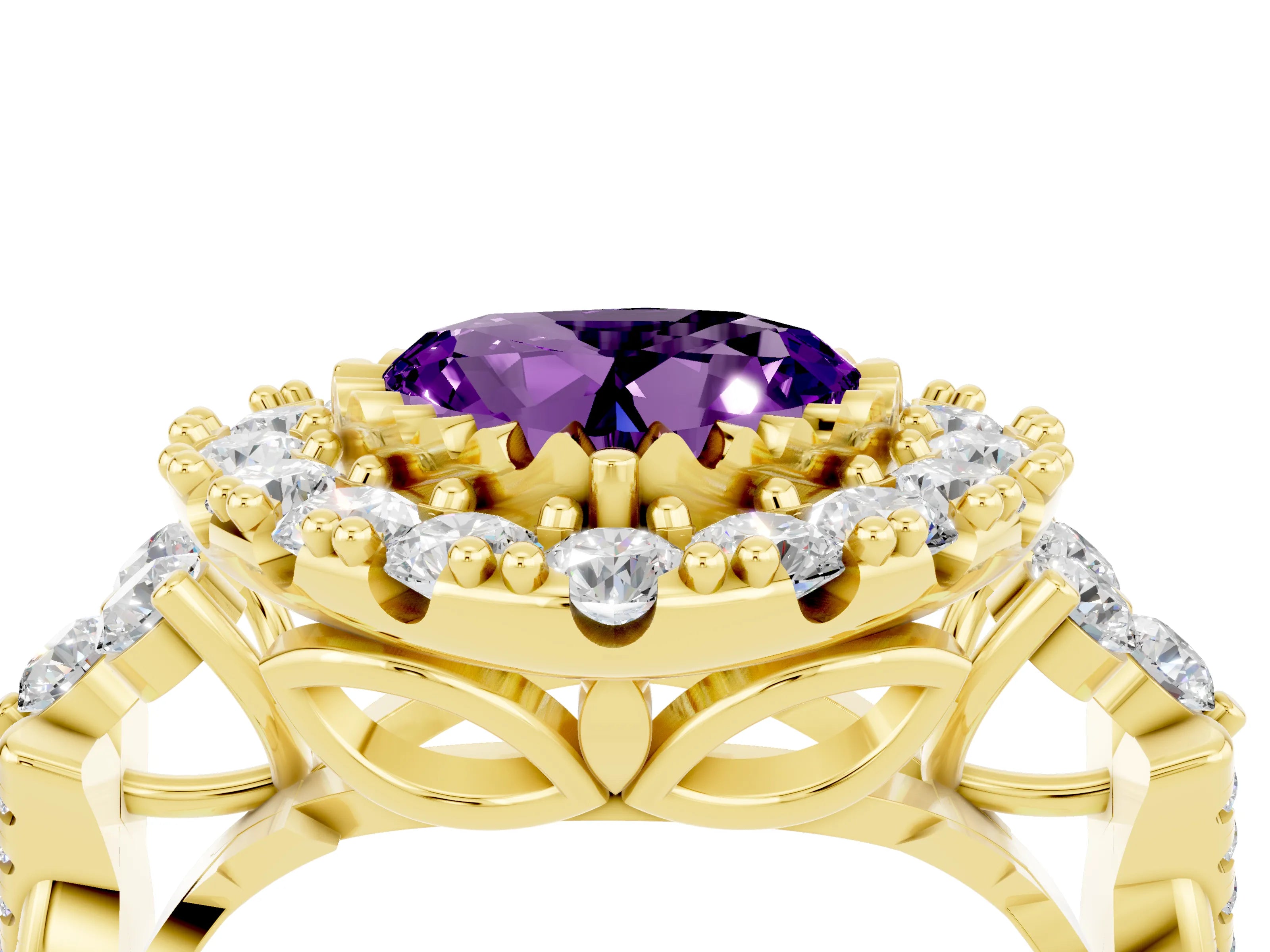 Yellow gold Heart Cut Amethyst Halo Ring with Pavé Band and Four-Prong Setting_16