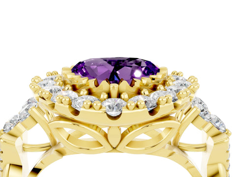 Yellow gold Heart Cut Amethyst Halo Ring with Pavé Band and Four-Prong Setting_16