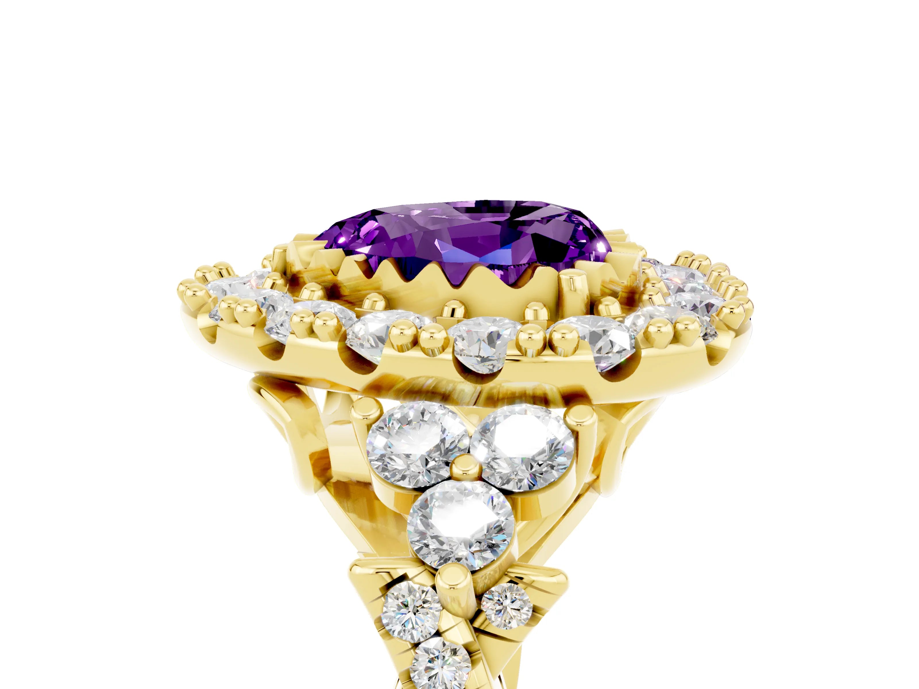 Yellow gold Heart Cut Amethyst Halo Ring with Pavé Band and Four-Prong Setting_17