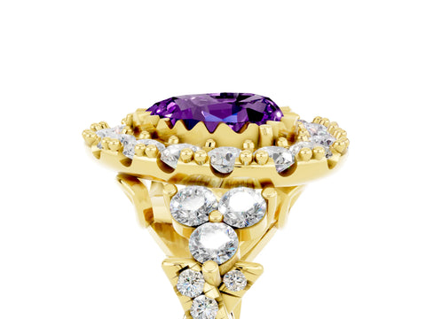 Yellow gold Heart Cut Amethyst Halo Ring with Pavé Band and Four-Prong Setting_17