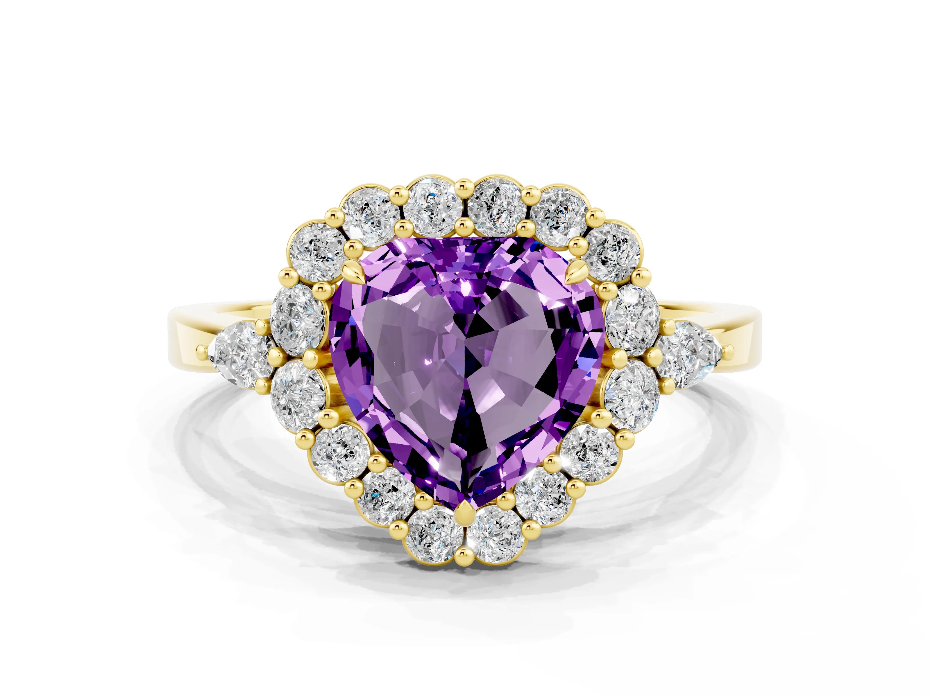 Yellow gold Heart Cut Amethyst Halo Ring with Pear Side Stones and Prong Setting_12